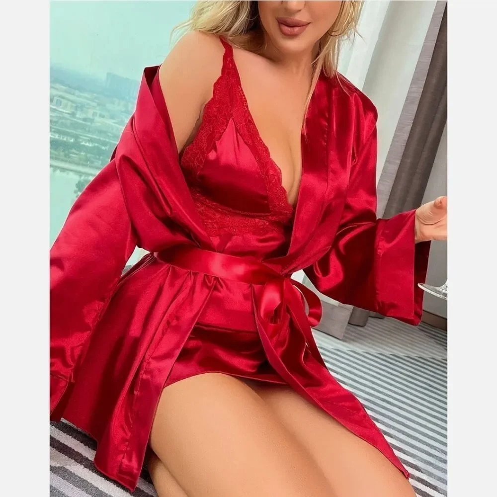 Babydoll Lingerie+Robe Set Women Satin Lace Bathrobe Long Sleeve Robe Nightgown